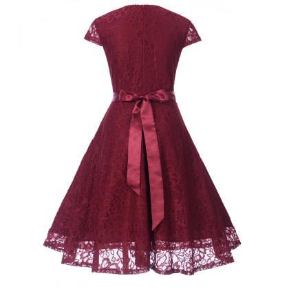Elegant V Neck Short Sleeve Lace Dress With Belt -..