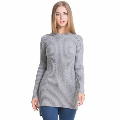 Grey Knit Ribbed Crew Neck Long Sleeves High Low..