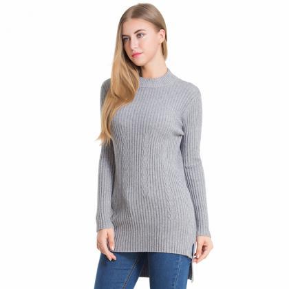 Grey Knit Ribbed Crew Neck Long Sleeves High Low..