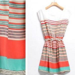 Sweet And Fashion Colorful Stripes Chiffon Dress..