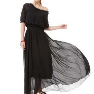 Dual Use Half Sleeve Black Chiffon Maxi Dress