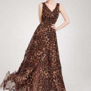 Vogue Leopard Sexy V Neck Sleeveless Maxi Dress