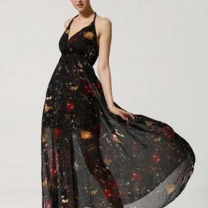 Retro Halter Design Printed Maxi Dress For Woman