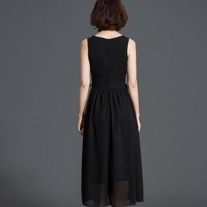 V Neck Sleeveless Solid Long Dress - Black