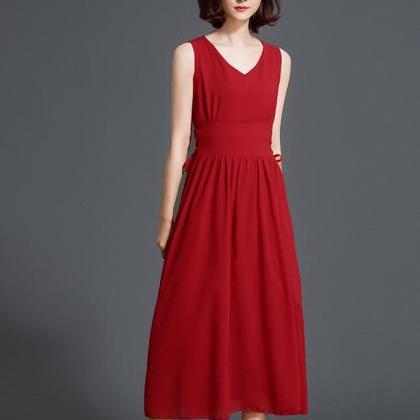 V Neck Sleeveless Solid Long Dress - Red