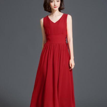 V Neck Sleeveless Solid Long Dress - Red