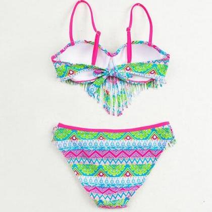 Tassel Swimwear Bikini Set Women Swimsuit - Green