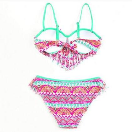 Tassel Swimwear Bikini Set Women Swimsuit - Pink