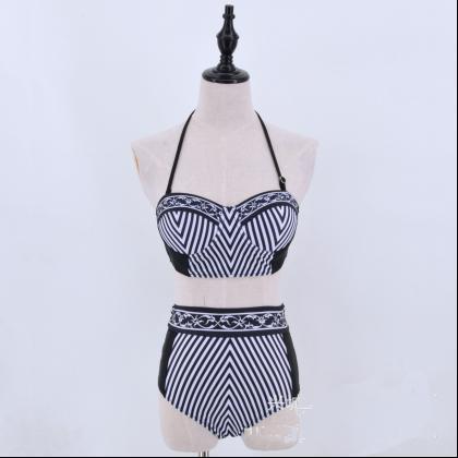Style Striped High Waist Strap Swimsuit Bikini