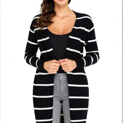 Black Striped Long Knit Cardigan