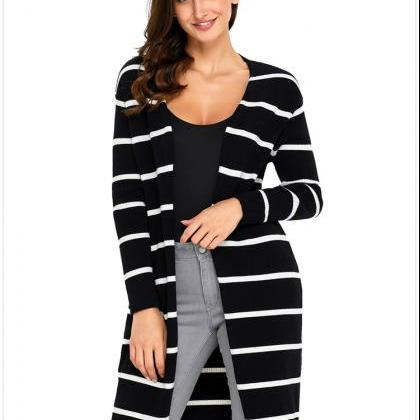 Black Striped Long Knit Cardigan