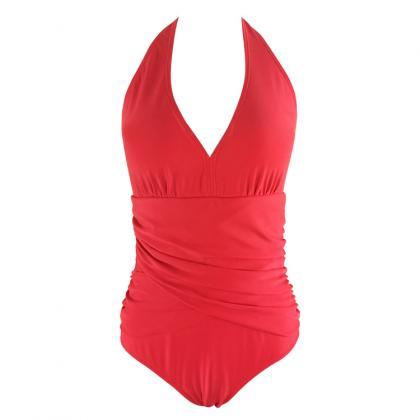 New V Neck Solid One Piece Swimsuit..