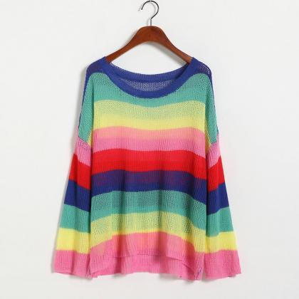 Rainbow Long Sleeve Striped Loose Hollow Sweater