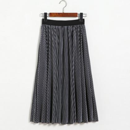 Women Stripe High Waist Pleated Skirt