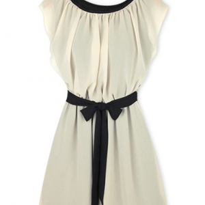 Round Neck Cap Sleeve Dress For Woman - Apricot