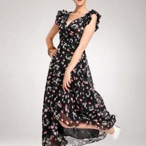 Cherry Print High Waist Long Chiffon Dress