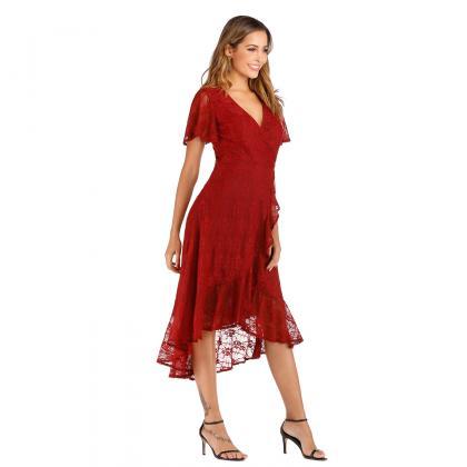 Style V Neck Red Lace Dress