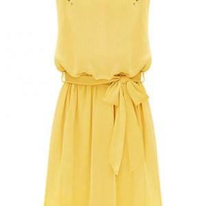 Yellow Chiffon Sleeveless Short Dress Featuring..