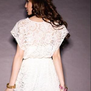 Charming V Neck Short Sleeve A Line Lace Dress -..
