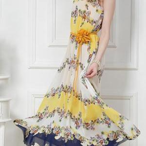 Round Neck Print Chiffon Dress With High Low Hem