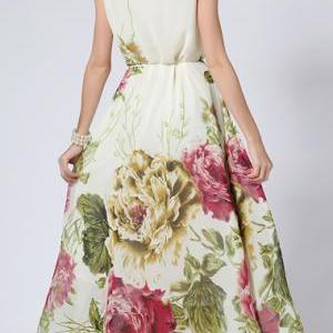 Pretty Round Neck Sleeveless Print Chiffon Dress..