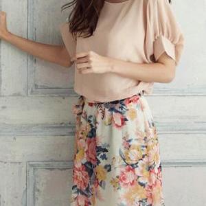 Sweet Short Sleeve Print Design Woman Mini Dress -..