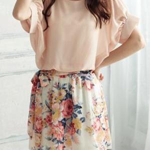 Sweet Short Sleeve Print Design Woman Mini Dress -..