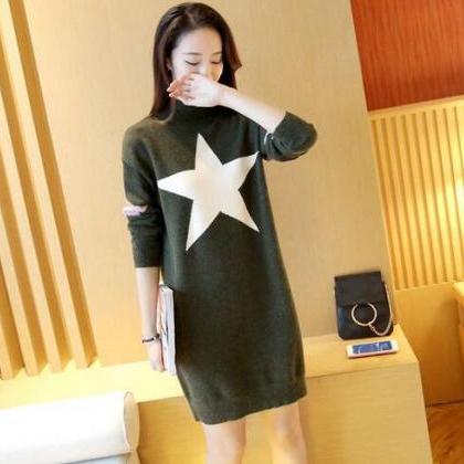Cute Star Loose Pullover Sweater Dress - Army..