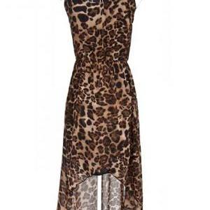 Sexy Leopard Sleeveless High Low Dress For Girls