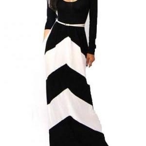 Classic Color Block Long Sleeve High Waist Dress -..