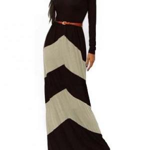 Classic Color Block Long Sleeve High Waist Dress -..