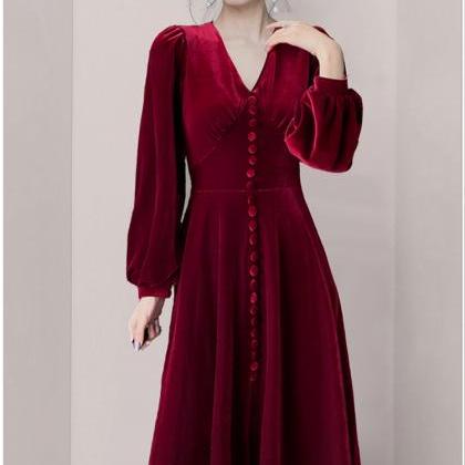 Casual V Collar Long Sleeve Dress - Wine Red