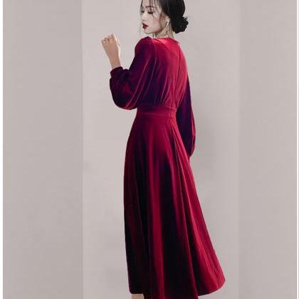 Casual V Collar Long Sleeve Dress - Wine Red