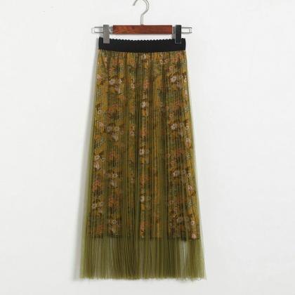High Waisted Pleated Printed Long Skirt - Yellow