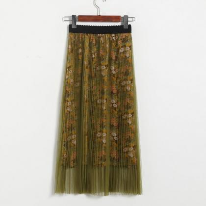 High Waisted Pleated Printed Long Skirt - Yellow