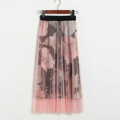 High Waisted Pleated Printed Long Skirt - Pink
