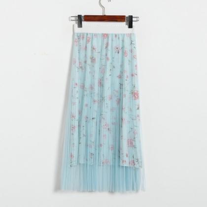 High Waisted Pleated Printed Long Skirt - Light..