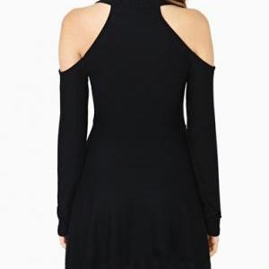 Solid Round Neck Long Sleeve Skater Dress - Black