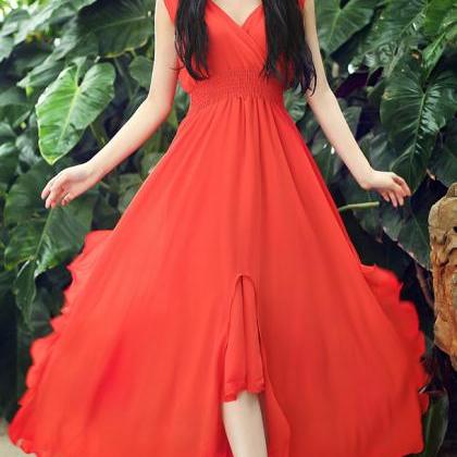 Fashion Strapless V Neck Maxi Long Dress - Orange..