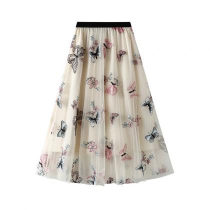 Autumn High Waist Butterfly Gauze Skirt