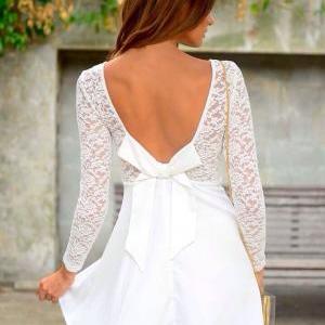Sexy Open Back Long Sleeve Bow Lace Dress With..