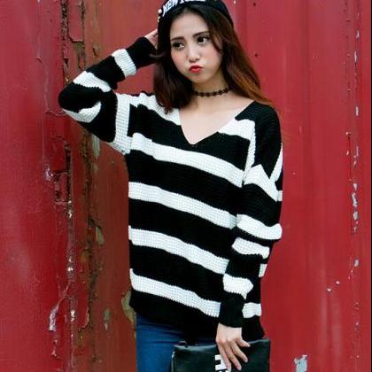 Fashion Loose Striped V Collar Sweater 3 Colors