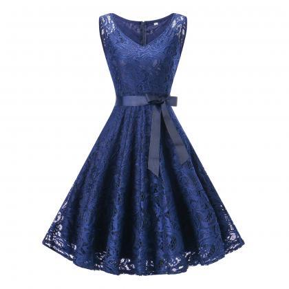 Sweet Sleeveless V Neck A Line Dress - Dark Blue