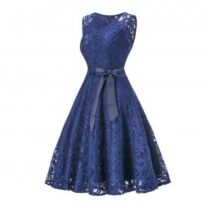 Sweet Sleeveless V Neck A Line Dress - Dark Blue