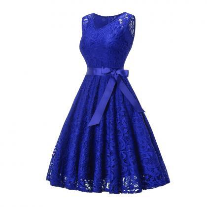 Sweet Sleeveless V Neck A Line Dress - Blue