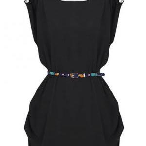 Fashion Short Sleeve Round Neck Dress - Black
