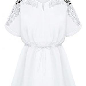 Casual Short Sleeve Lace Patchwork Dress - White