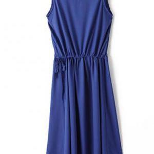 Blue Sleeveless Round-neck Drawstring Short Dress