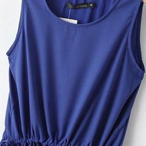 Blue Sleeveless Round-neck Drawstring Short Dress