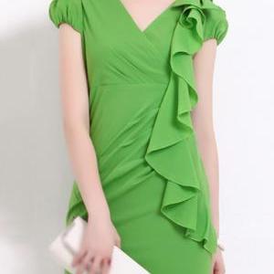 High Quality Puff Sleeve V Neck Chiffon Dress -..